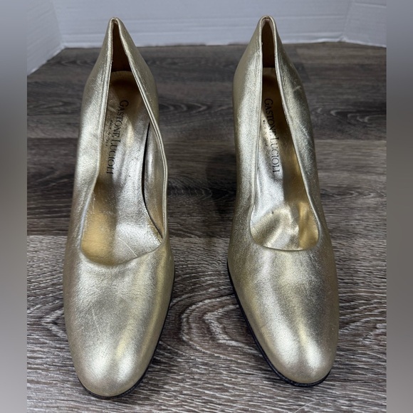 Gastone Lucioli Shoes Women 6.5 Gold Italian Designer Leather Pumps 3" Heel - Picture 4 of 8